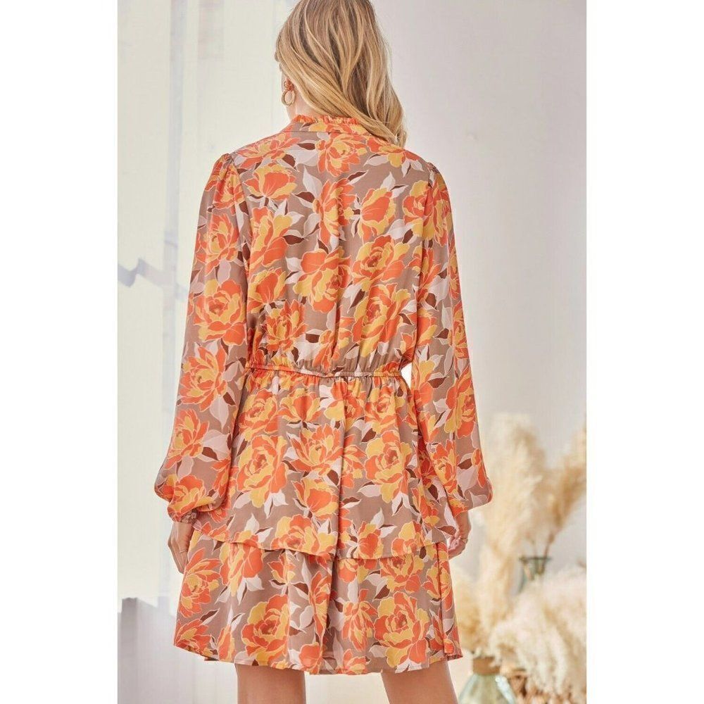 ANDREE BY UNIT Orange Taupe Floral Printed Satin Dress Fall New S-L D10288 - Picture 2 of 12
